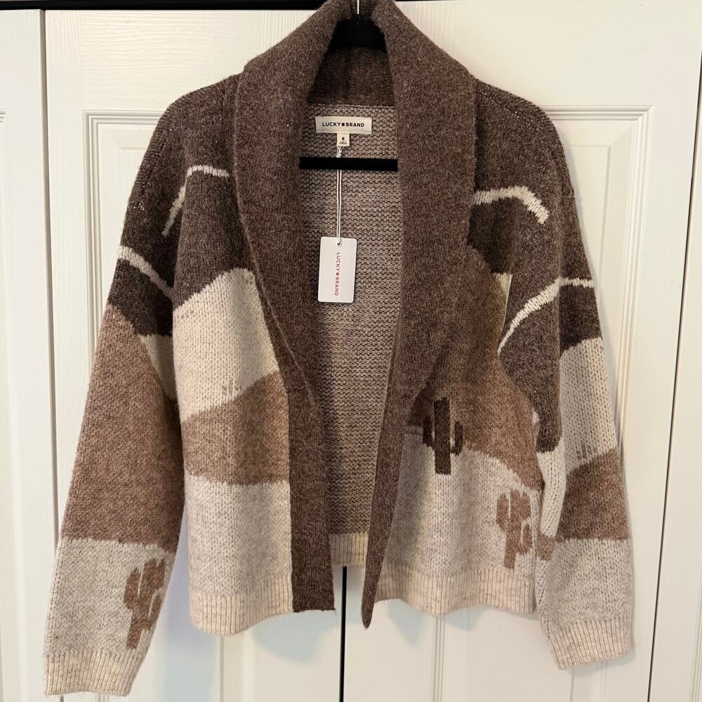 Lucky Brand Long Sleeve Horse Shawl Cardigan Neutral Brown NWT - Picture 5 of 10